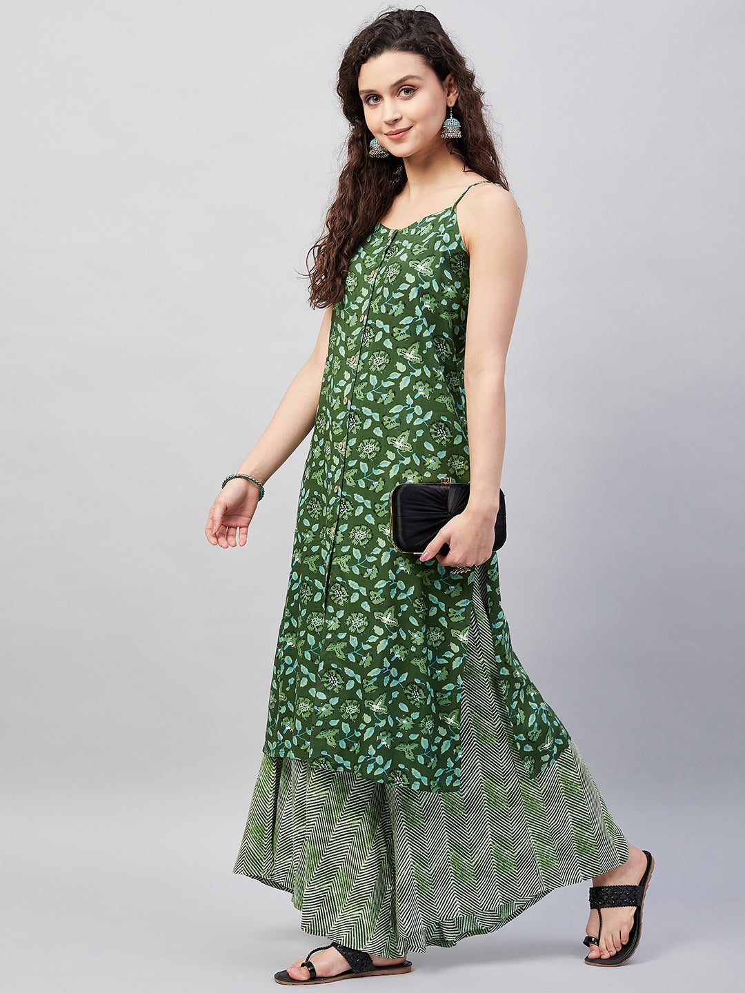 InWeave Women's Green Bagh Print Spaghetti Kurta Zig Zag Palazzo Set