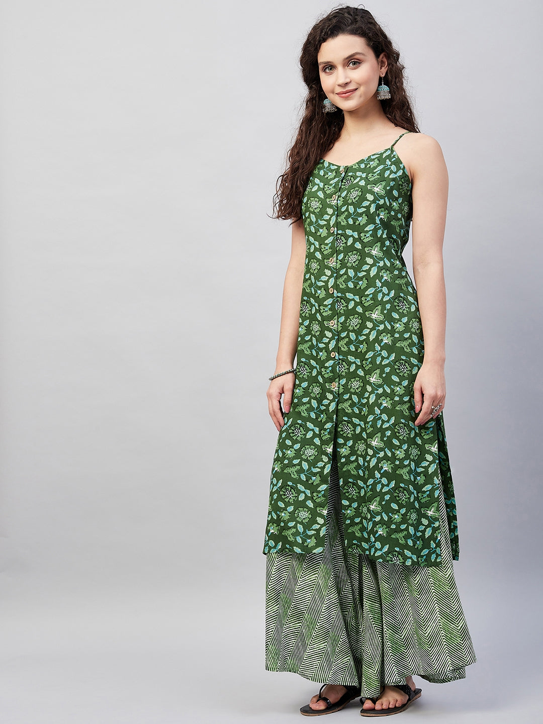 InWeave Women's Green Bagh Print Spaghetti Kurta Zig Zag Palazzo Set