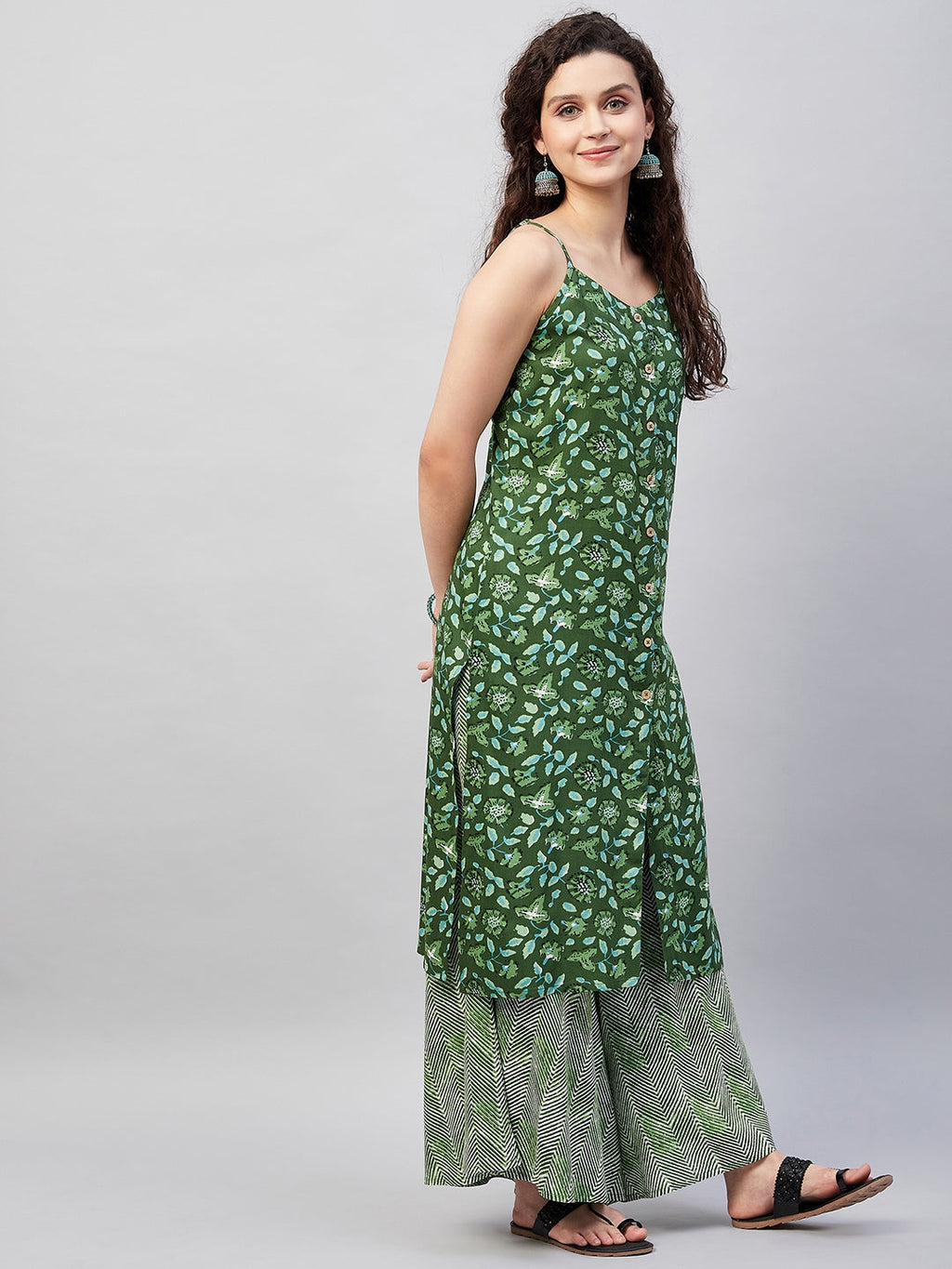 InWeave Women's Green Bagh Print Spaghetti Kurta Zig Zag Palazzo Set