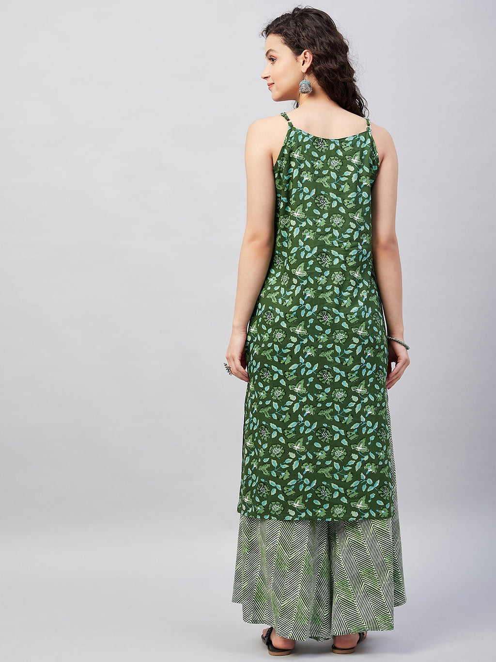 InWeave Women's Green Bagh Print Spaghetti Kurta Zig Zag Palazzo Set