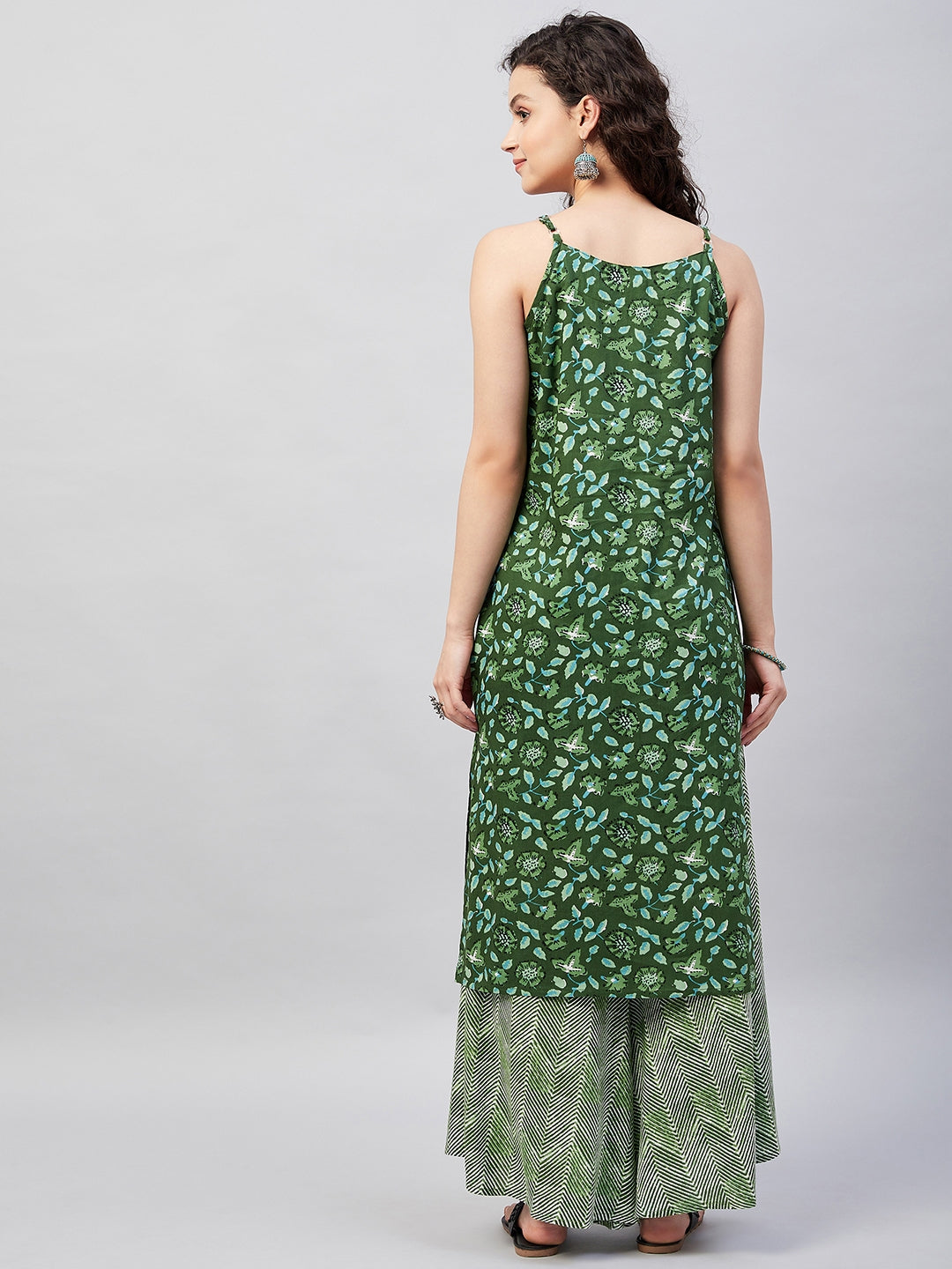 InWeave Women's Green Bagh Print Spaghetti Kurta Zig Zag Palazzo Set