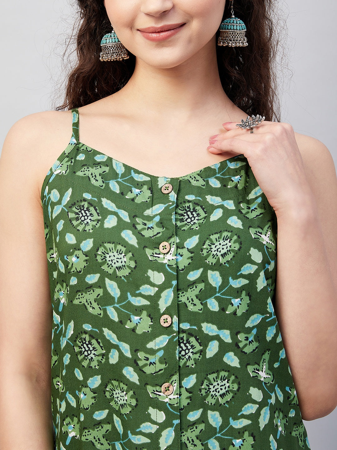 InWeave Women's Green Bagh Print Spaghetti Kurta Zig Zag Palazzo Set