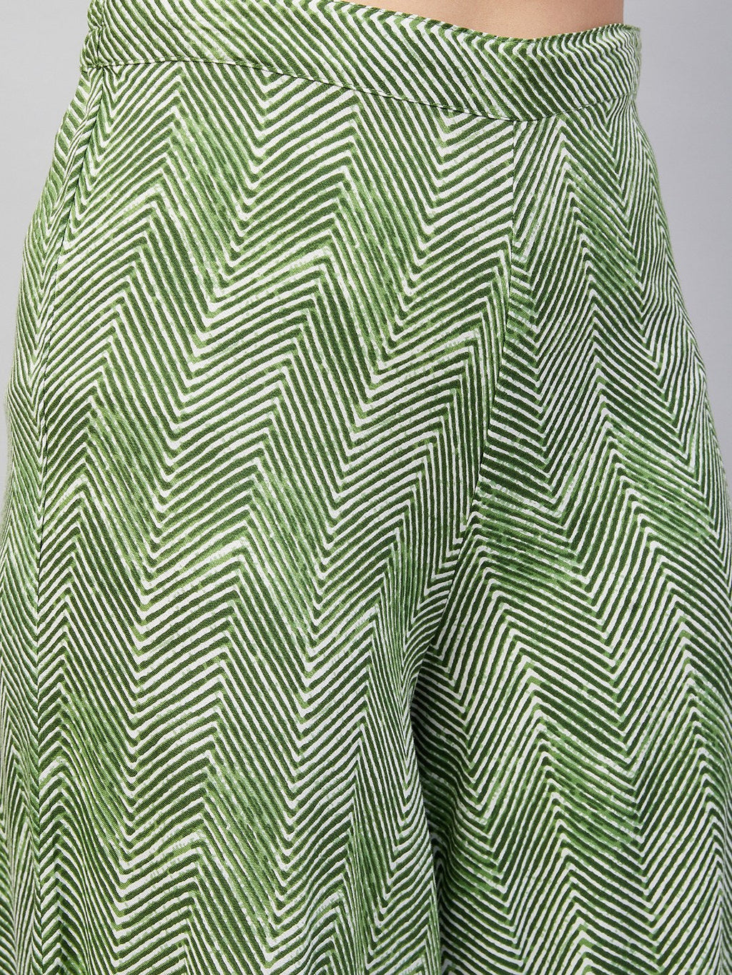 InWeave Women's Green Bagh Print Spaghetti Kurta Zig Zag Palazzo Set