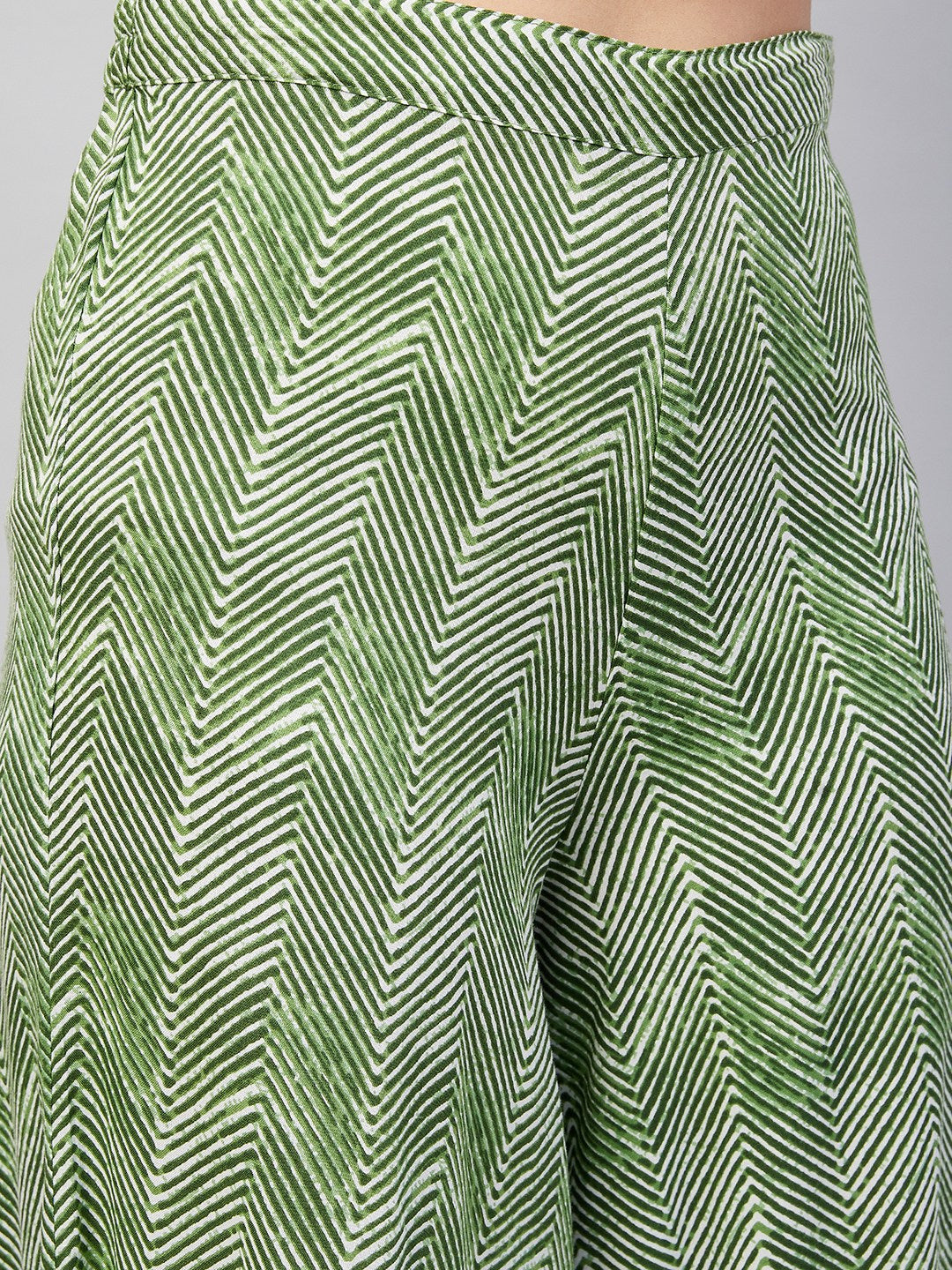 InWeave Women's Green Bagh Print Spaghetti Kurta Zig Zag Palazzo Set