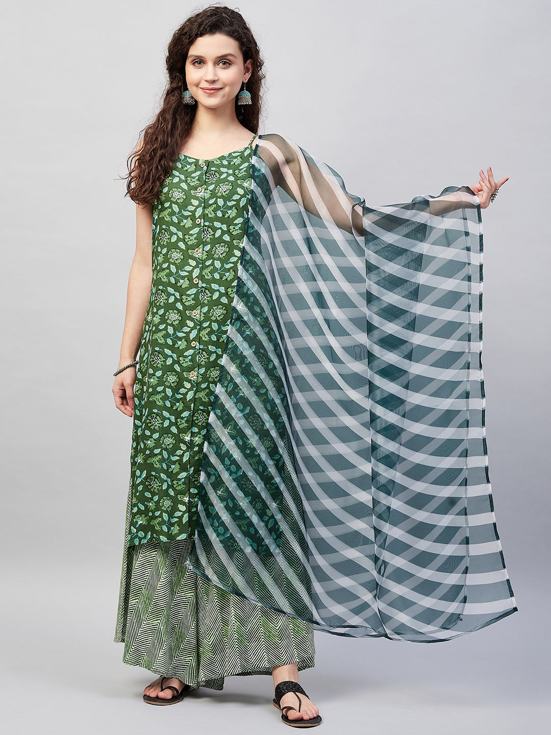 InWeave Women's Green Bagh Spaghetti Kurta Set W Green Le Dupatta