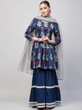 InWeave Women's Indigo Boota Sharara Set With Grey Or Dupatta