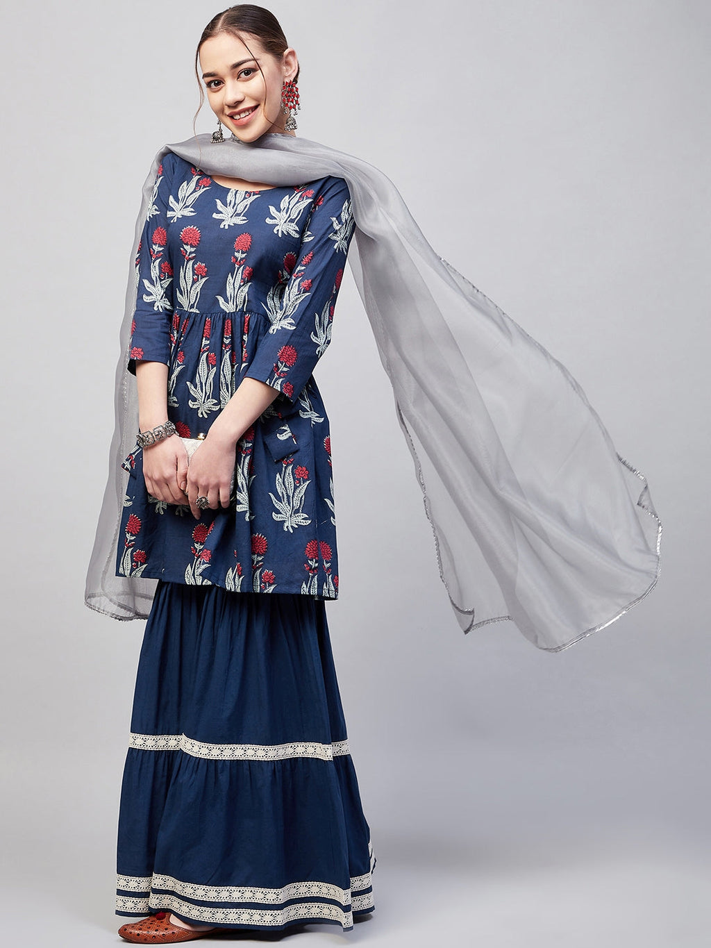 InWeave Women's Indigo Boota Sharara Set With Grey Or Dupatta