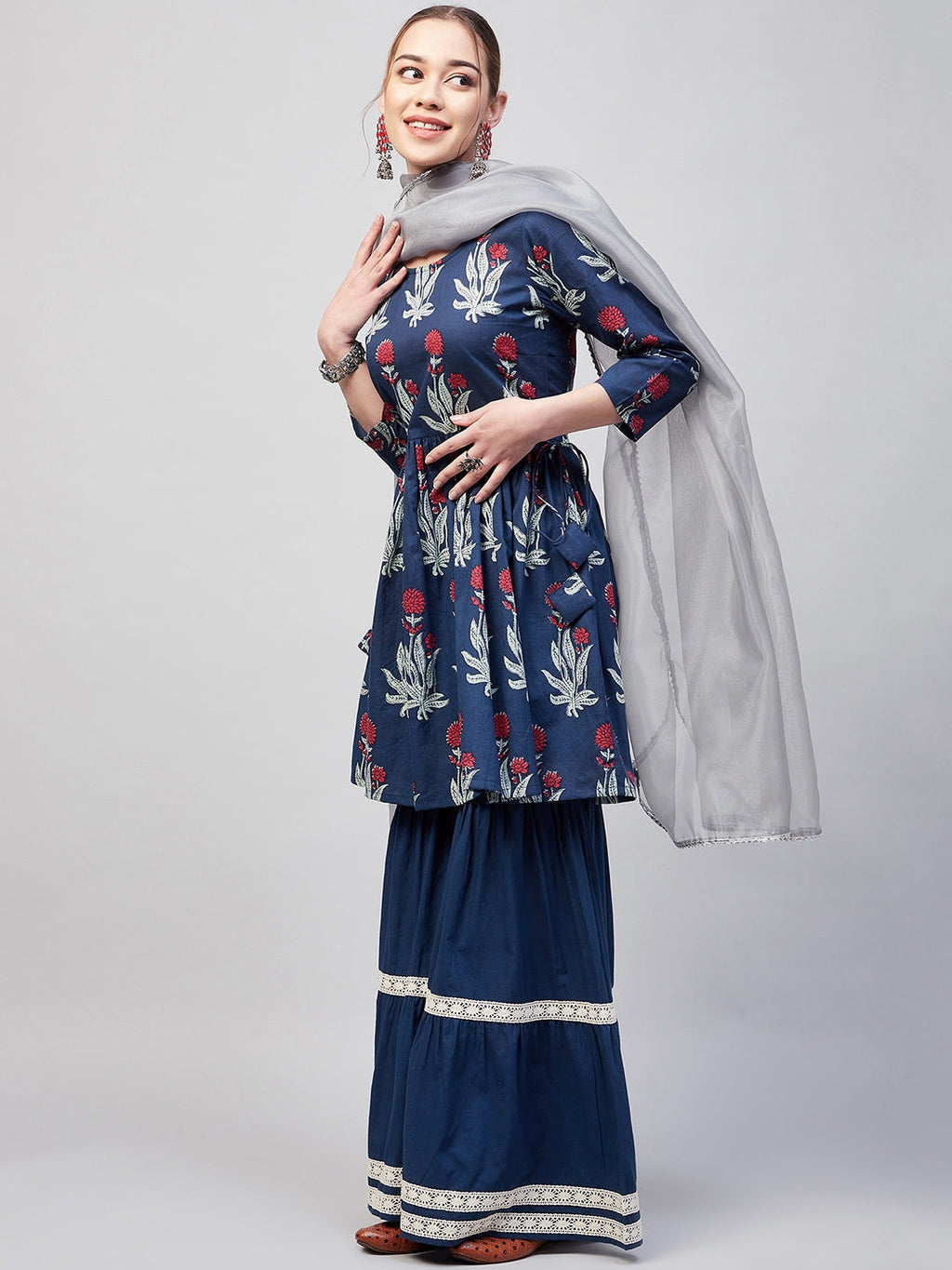 InWeave Women's Indigo Boota Sharara Set With Grey Or Dupatta