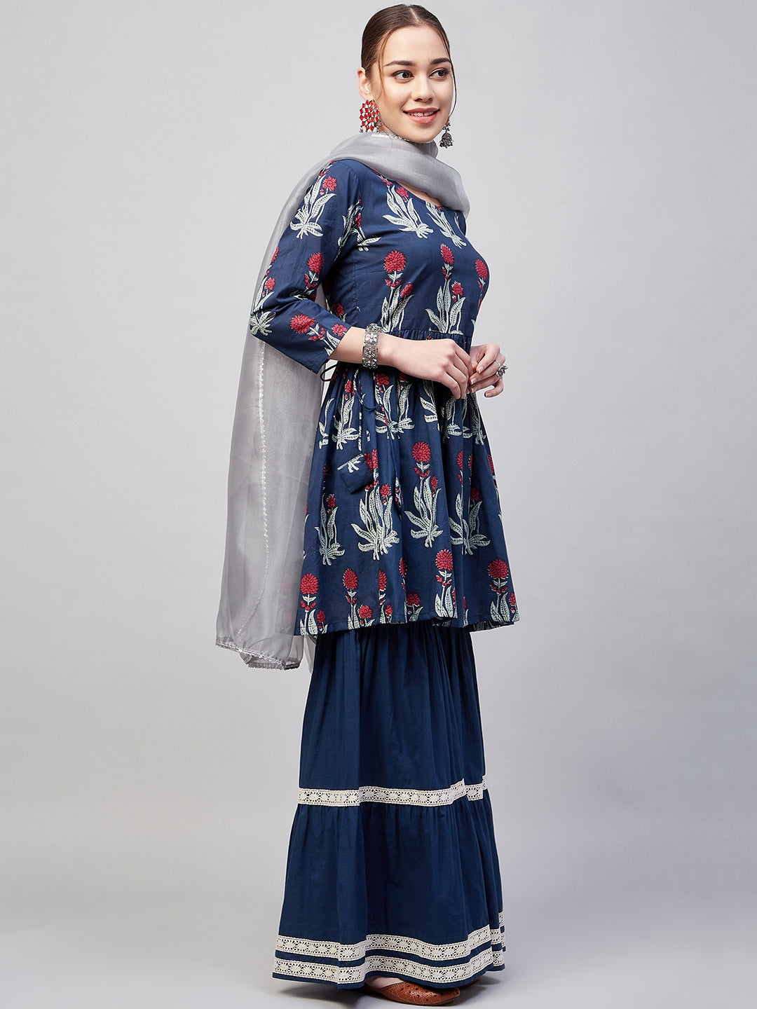 InWeave Women's Indigo Boota Sharara Set With Grey Or Dupatta