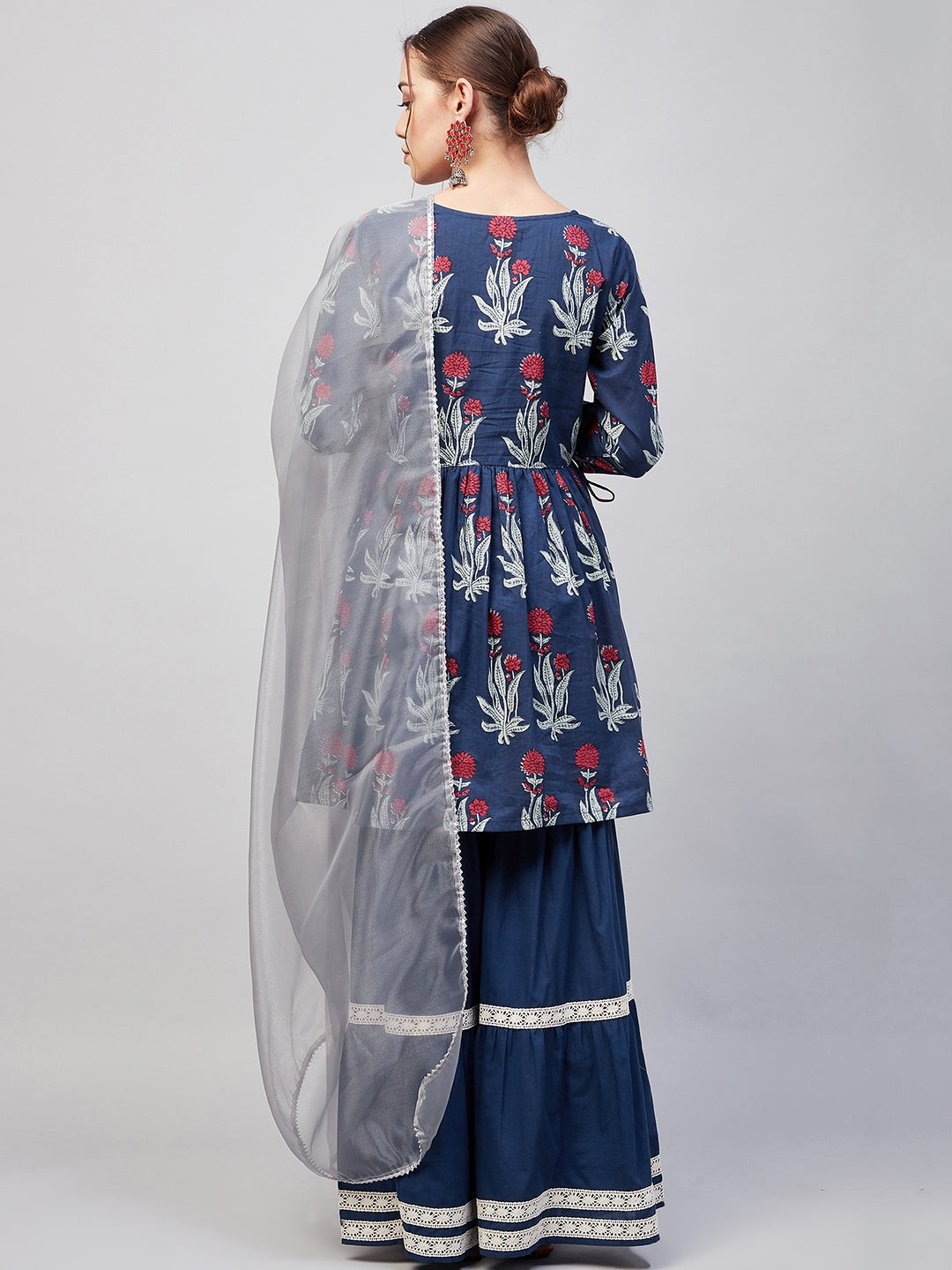 InWeave Women's Indigo Boota Sharara Set With Grey Or Dupatta