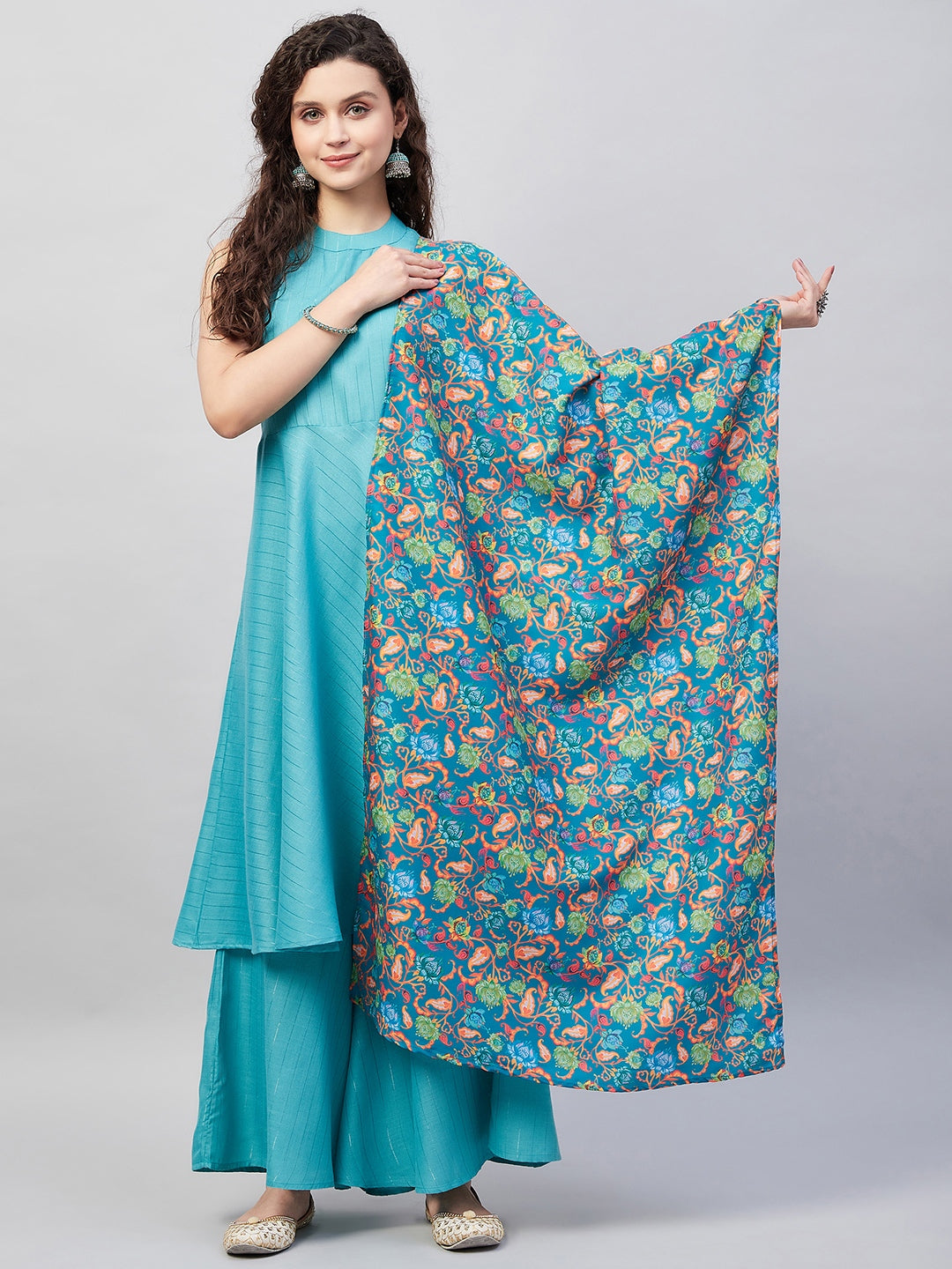 InWeave Women's Teal Lurex Boho Kurta Set W Teal Camelia Cr Dupatta