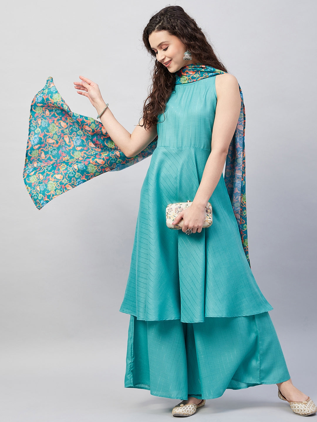 InWeave Women's Teal Lurex Boho Kurta Set W Teal Camelia Cr Dupatta