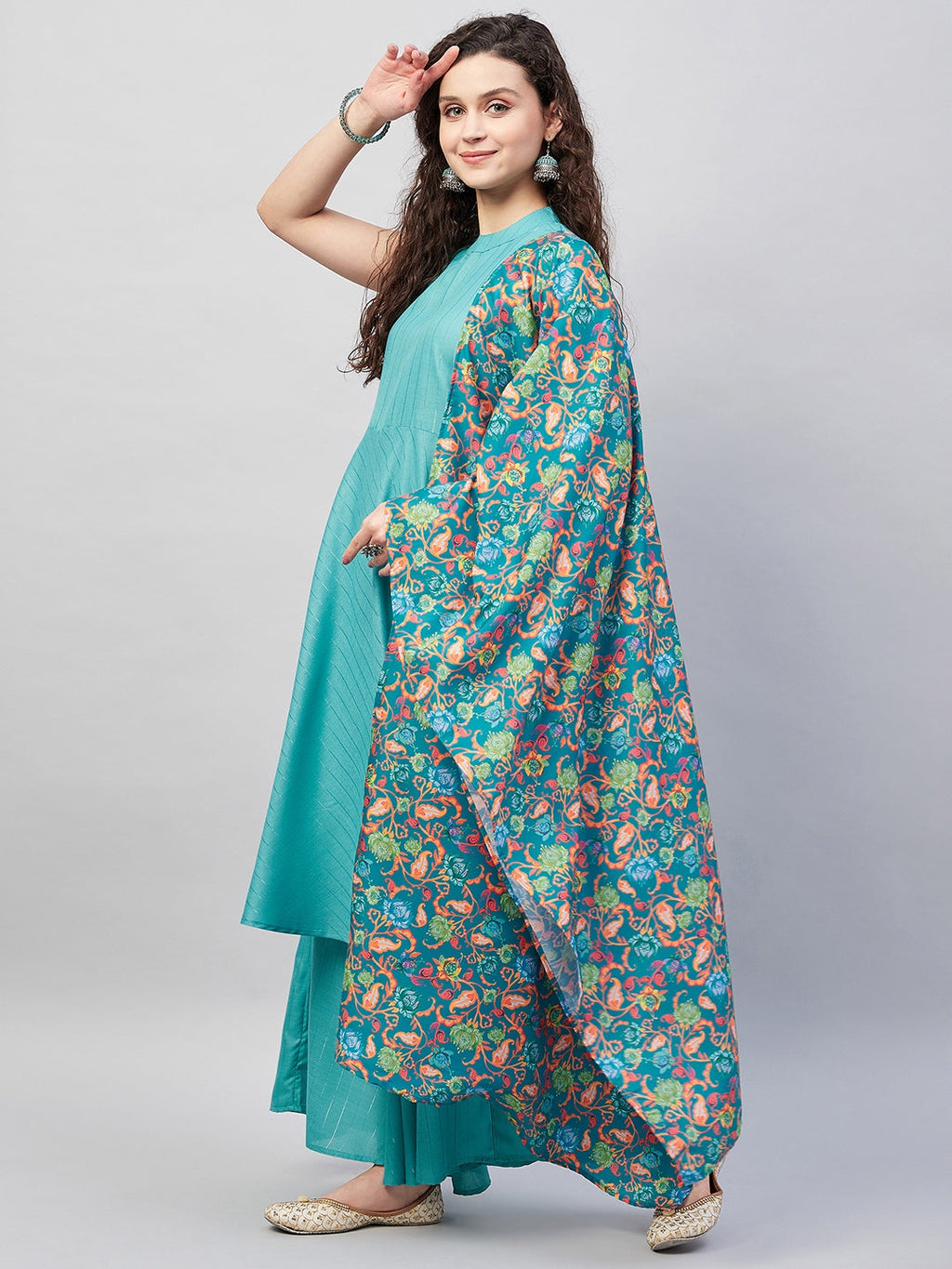 InWeave Women's Teal Lurex Boho Kurta Set W Teal Camelia Cr Dupatta