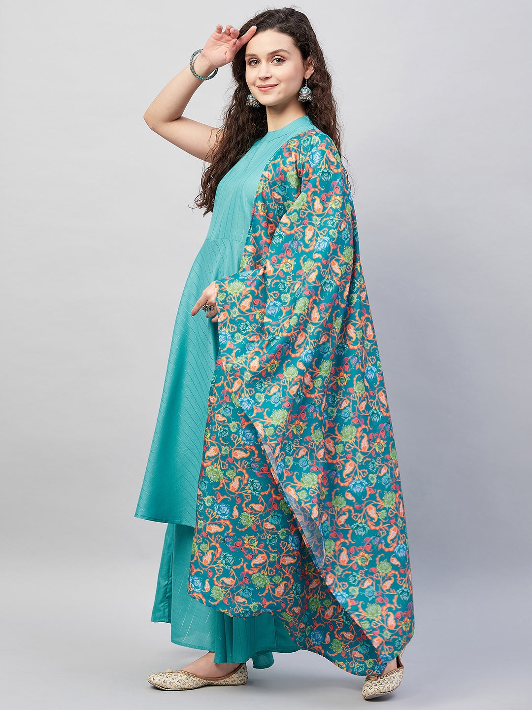 InWeave Women's Teal Lurex Boho Kurta Set W Teal Camelia Cr Dupatta