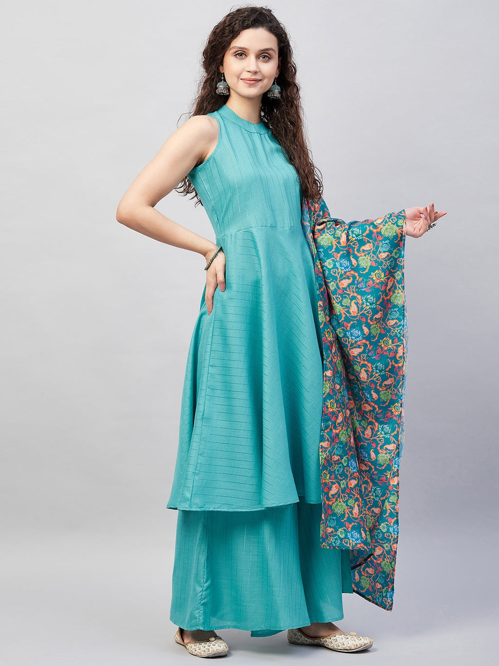 InWeave Women's Teal Lurex Boho Kurta Set W Teal Camelia Cr Dupatta