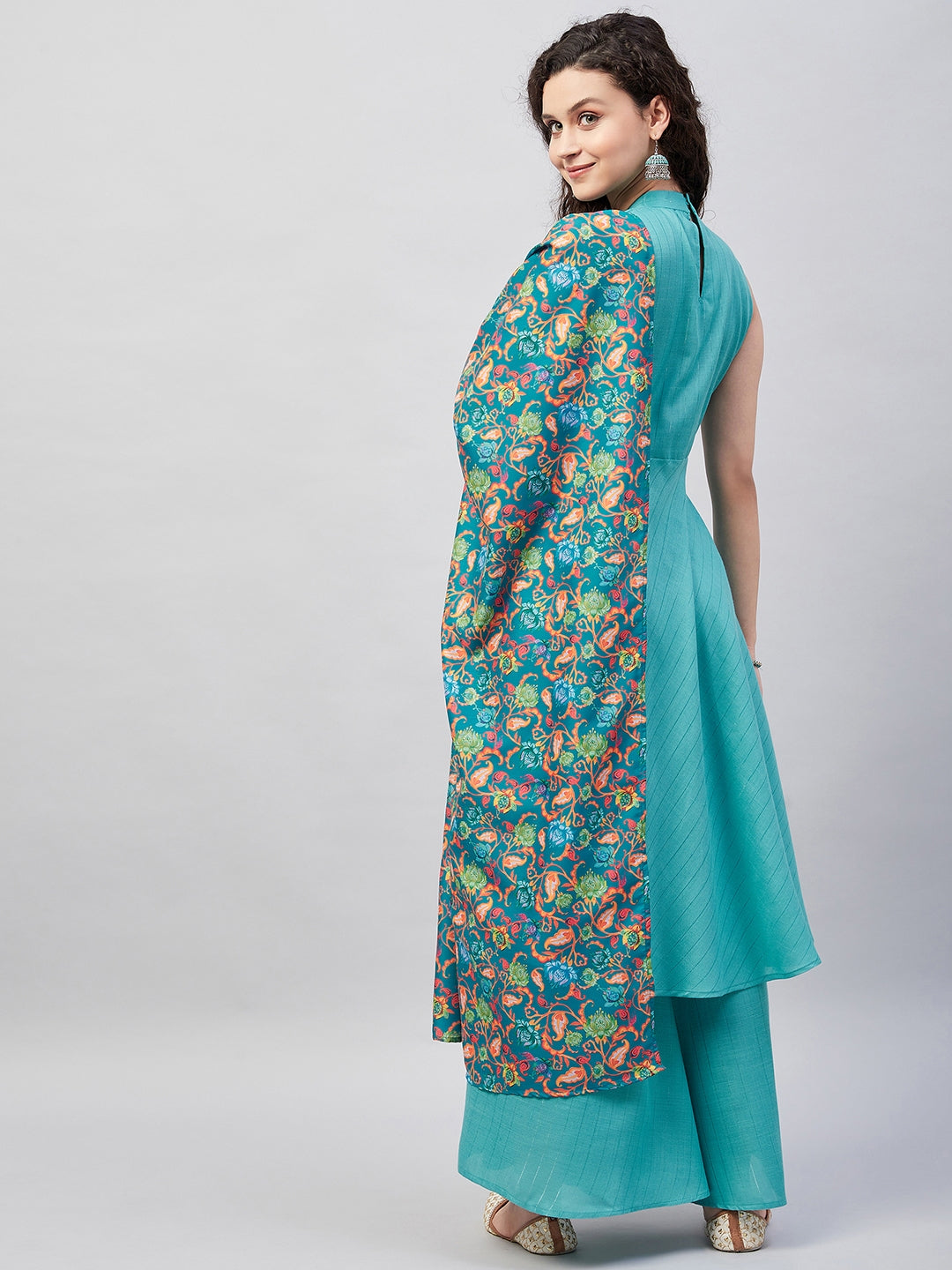 InWeave Women's Teal Lurex Boho Kurta Set W Teal Camelia Cr Dupatta