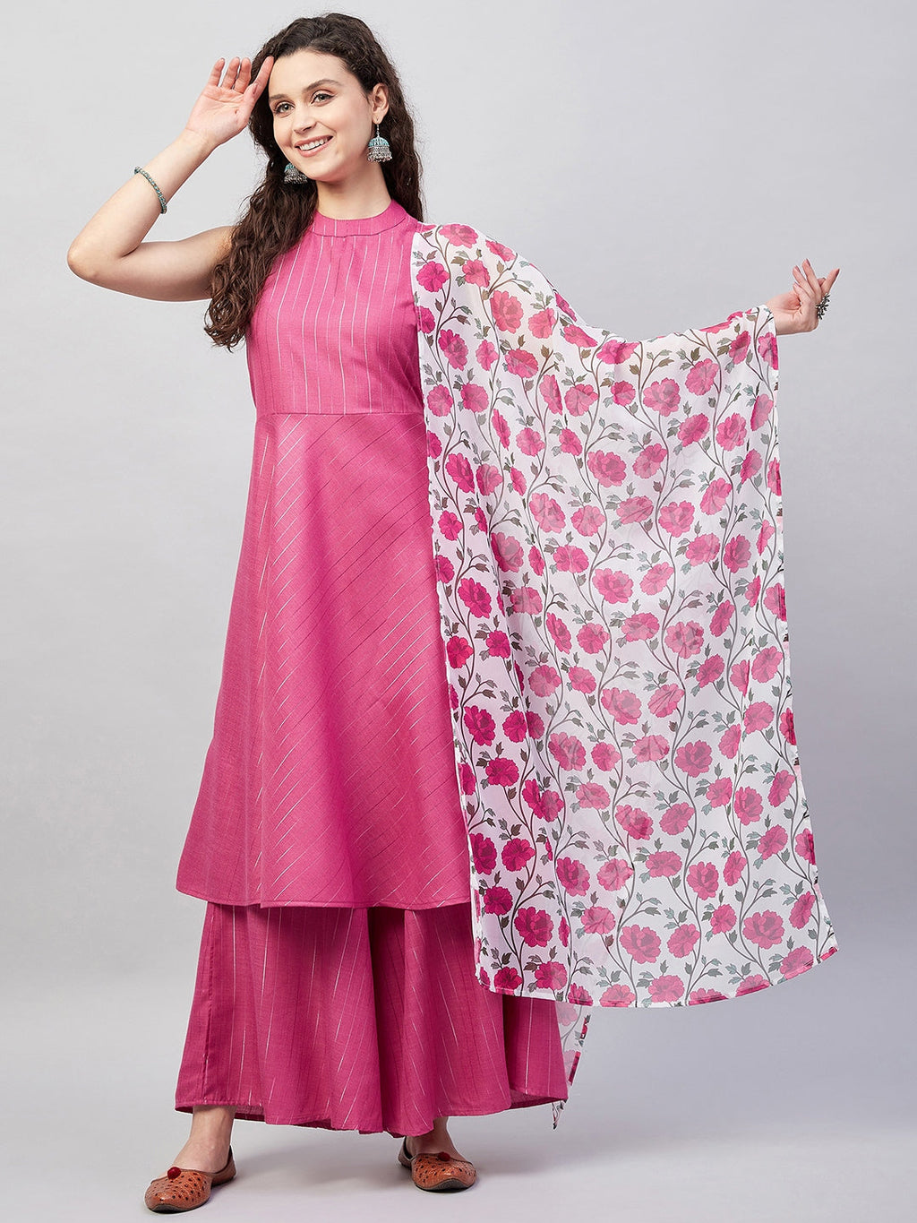 InWeave Women's Fuchsia Lurex Boho Kurta Set W White Fuchsia Ge Dupatta