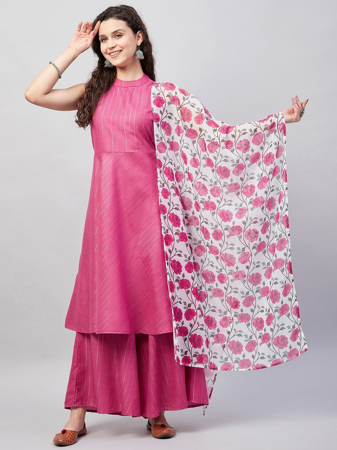 InWeave Women's Fuchsia Lurex Boho Kurta Set W White Fuchsia Ge Dupatta