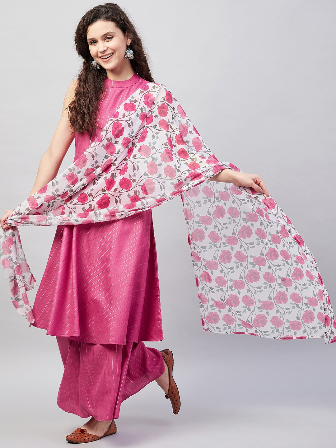 InWeave Women's Fuchsia Lurex Boho Kurta Set W White Fuchsia Ge Dupatta