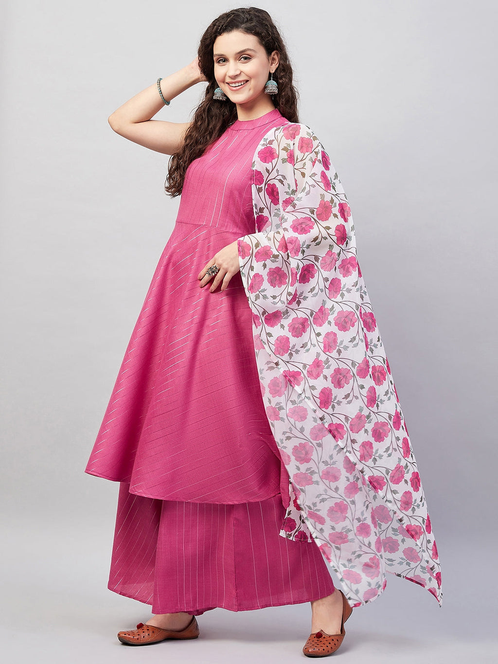 InWeave Women's Fuchsia Lurex Boho Kurta Set W White Fuchsia Ge Dupatta