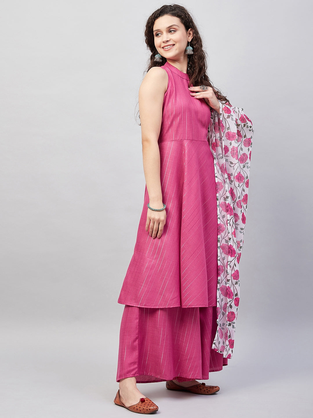 InWeave Women's Fuchsia Lurex Boho Kurta Set W White Fuchsia Ge Dupatta
