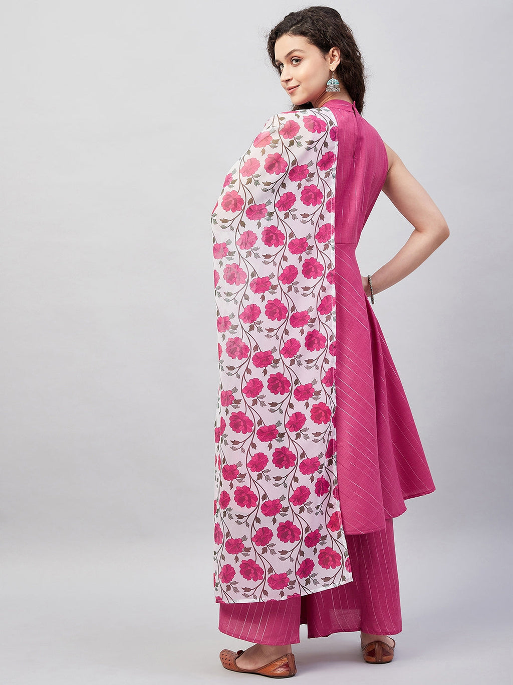 InWeave Women's Fuchsia Lurex Boho Kurta Set W White Fuchsia Ge Dupatta