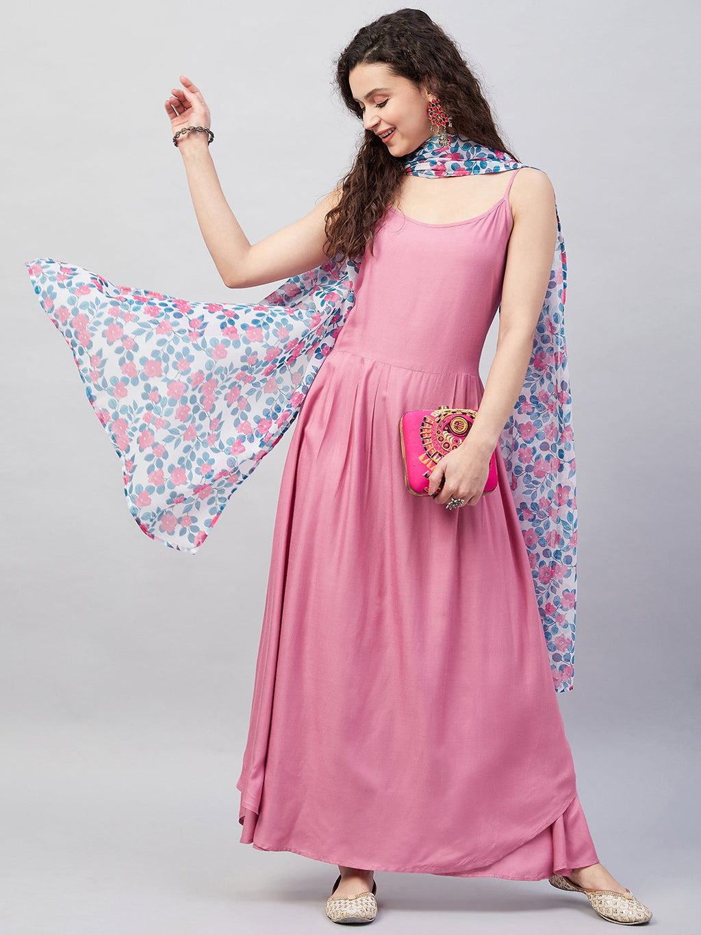 InWeave Women's Light Pink Strappy Set W White Blue Pink Ge Dupatta