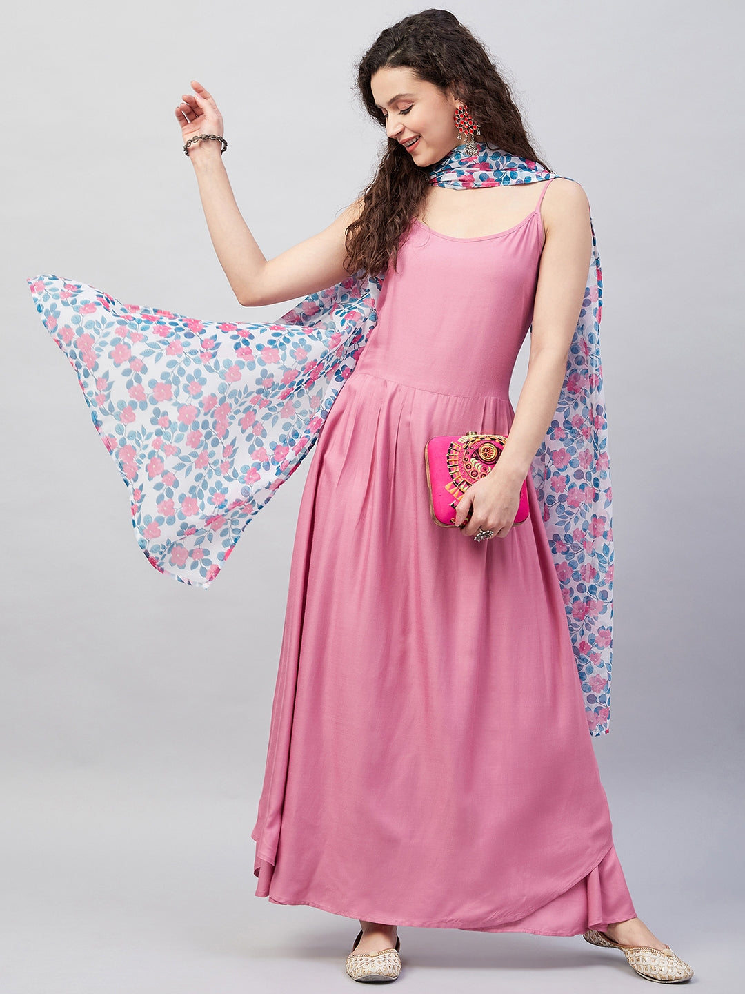 InWeave Women's Light Pink Strappy Set W White Blue Pink Ge Dupatta
