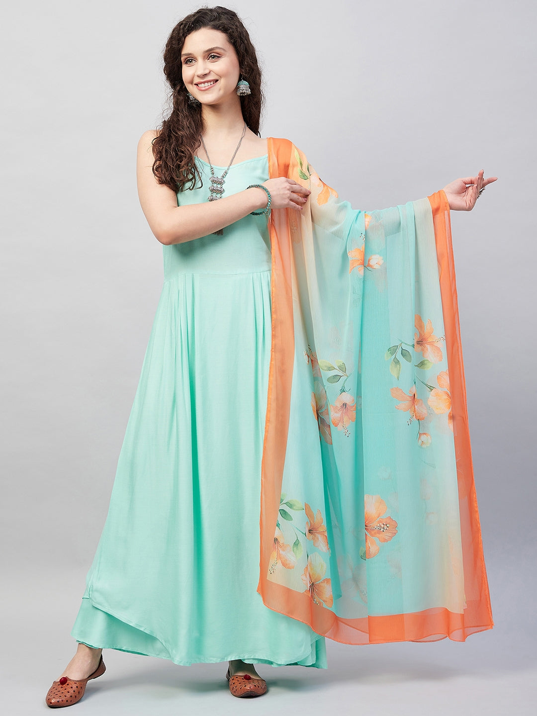 InWeave Women's Sky Blue Strappy Set W Aqua Orange Ge Dupatta