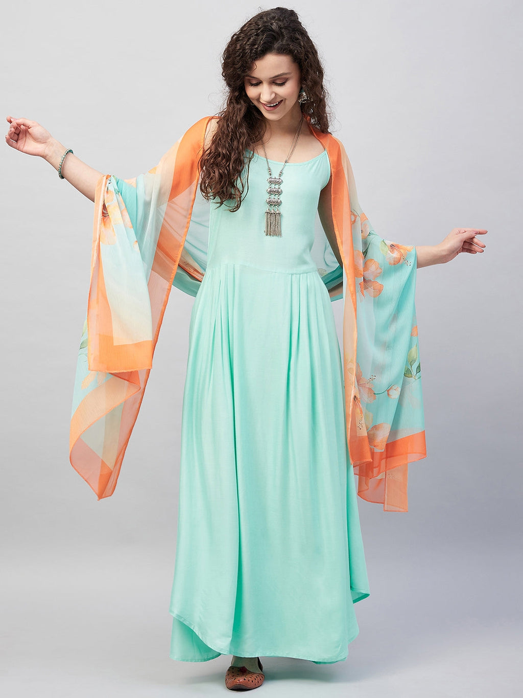 InWeave Women's Sky Blue Strappy Set W Aqua Orange Ge Dupatta