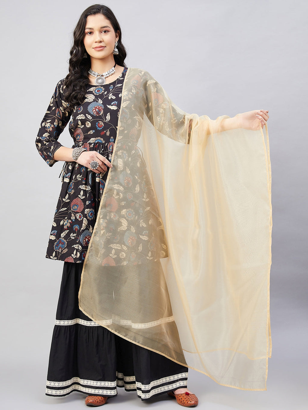 InWeave Black Tropical Sharara Set Gold Or Dupatta