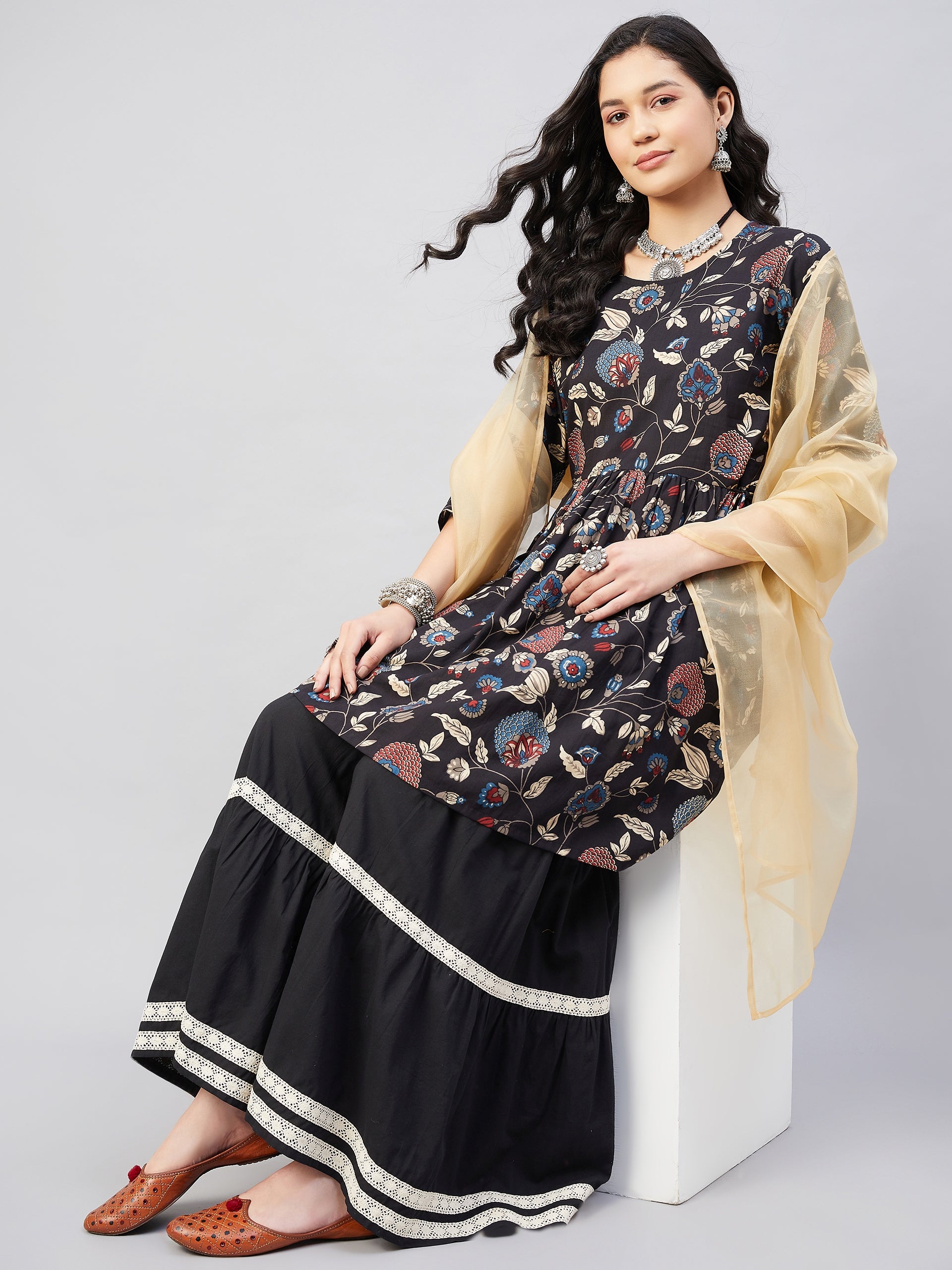 InWeave Black Tropical Sharara Set Gold Or Dupatta