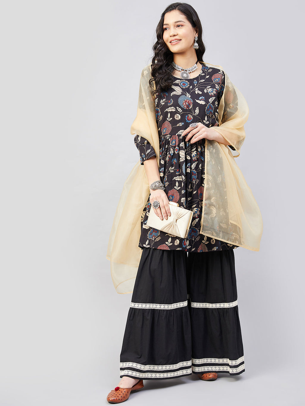 InWeave Black Tropical Sharara Set Gold Or Dupatta