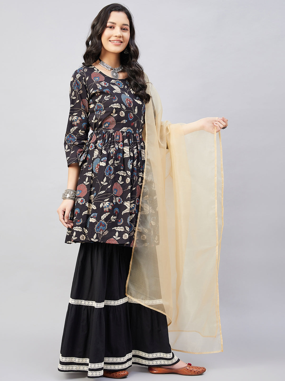 InWeave Black Tropical Sharara Set Gold Or Dupatta