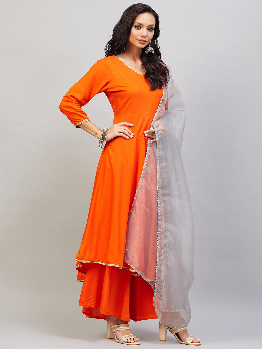 InWeave Women's Orange Gota Long Kurta Set W Grey Gota Or Dupatta