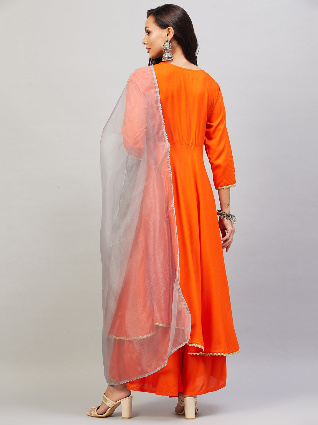 InWeave Women's Orange Gota Long Kurta Set W Grey Gota Or Dupatta