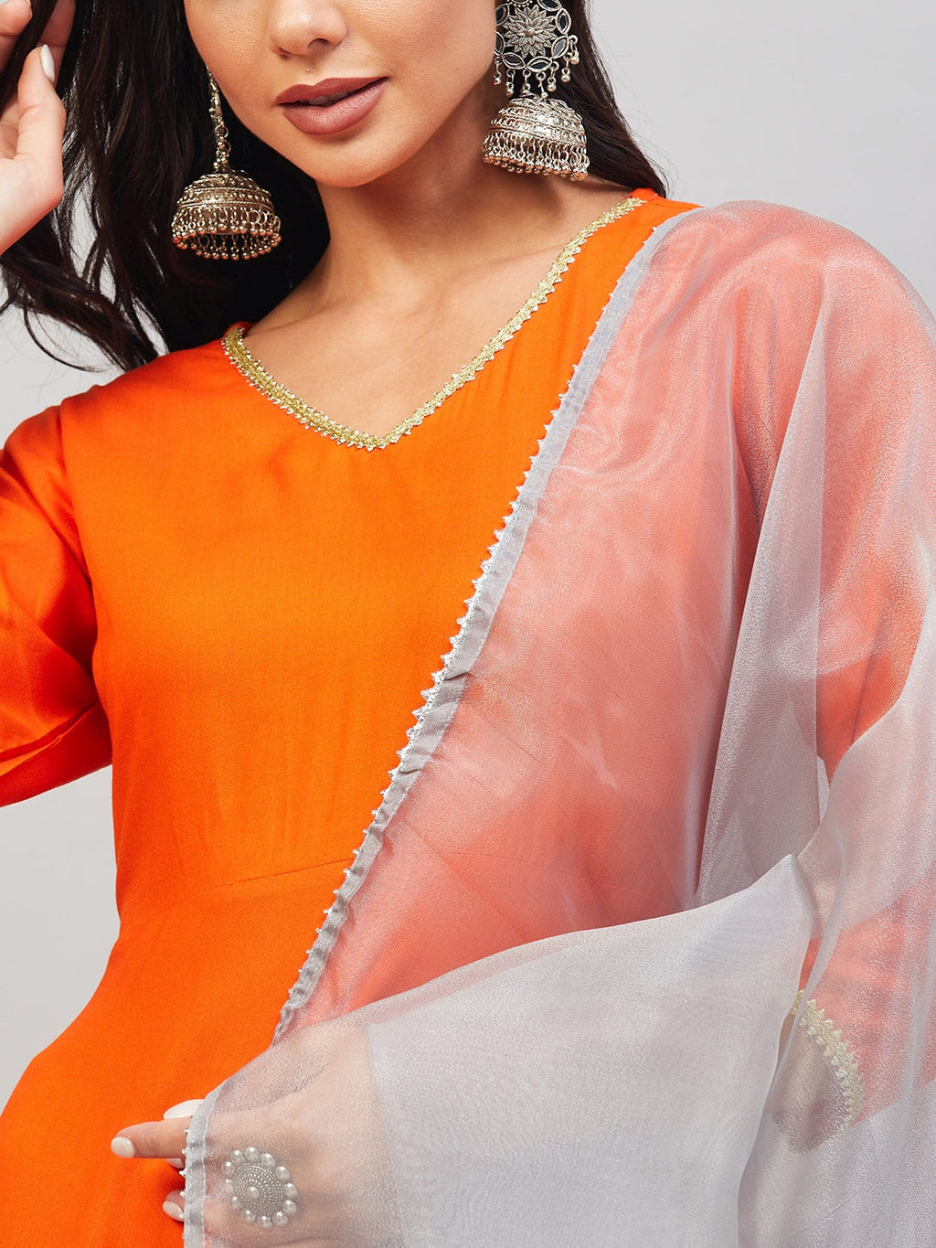 InWeave Women's Orange Gota Long Kurta Set W Grey Gota Or Dupatta