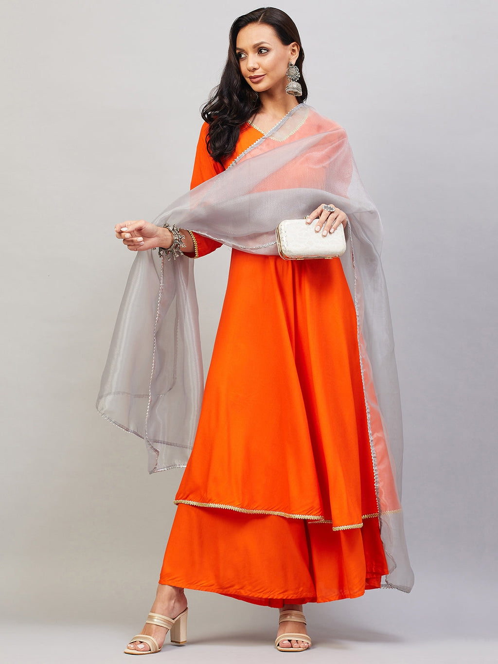 InWeave Women's Orange Gota Long Kurta Set W Grey Gota Or Dupatta