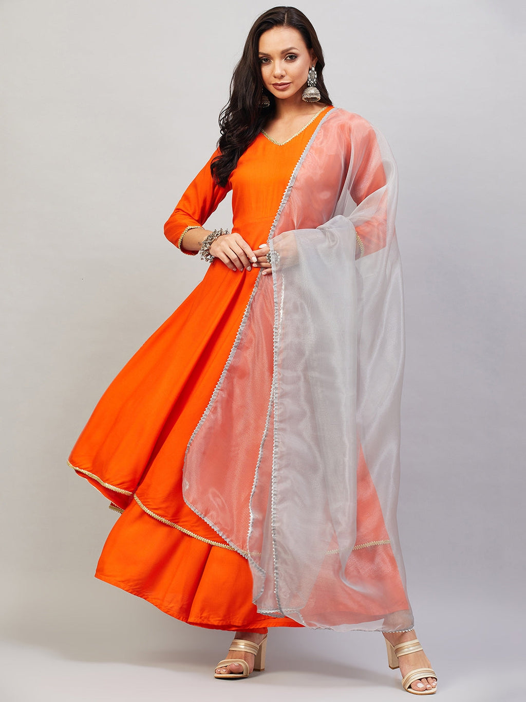 InWeave Women's Orange Gota Long Kurta Set W Grey Gota Or Dupatta