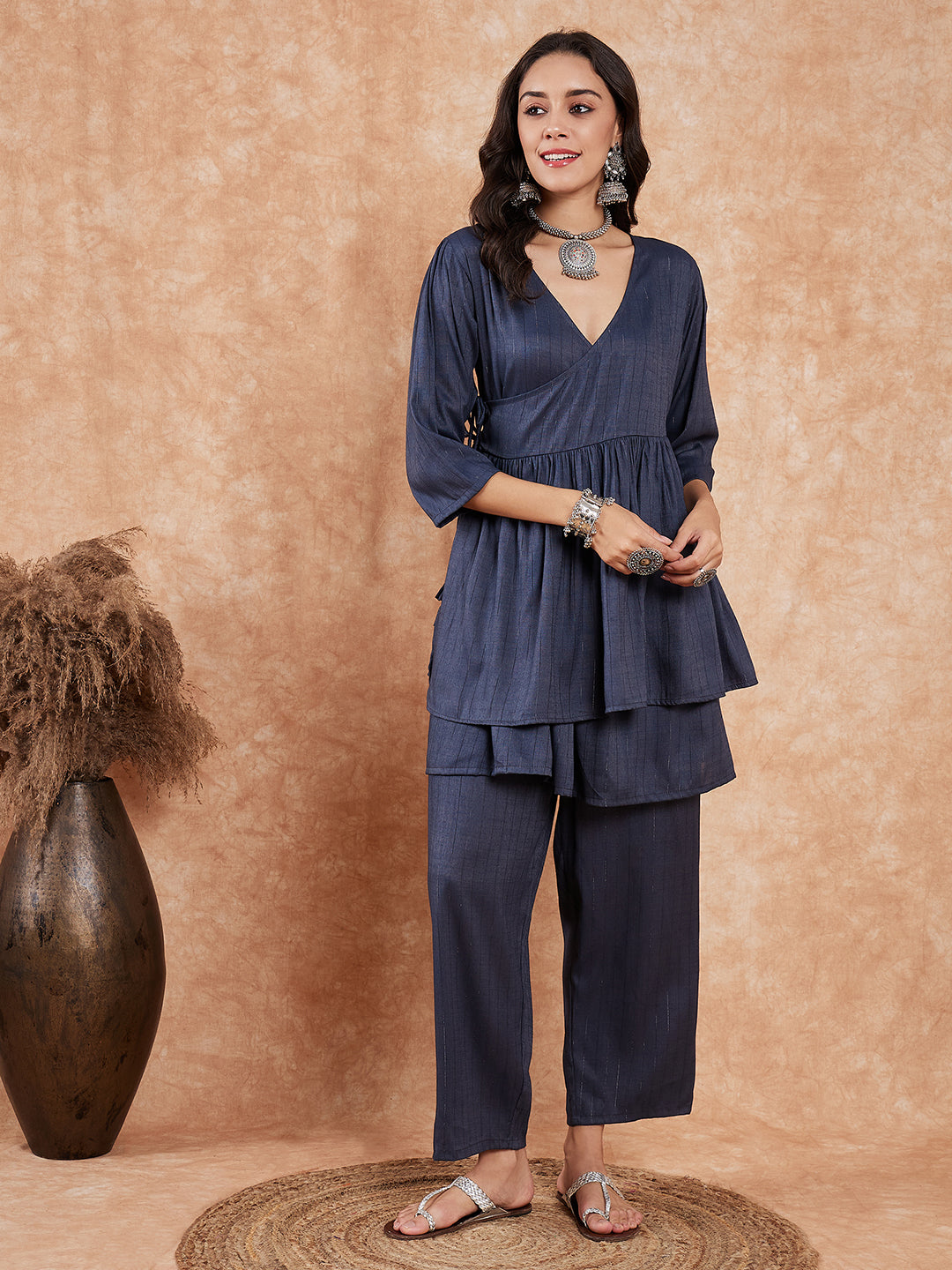 InWeave Women's Dark Teal Lurex High Low Angrakha Tie Up Kurta Set