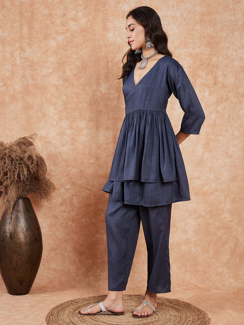 InWeave Women's Dark Teal Lurex High Low Angrakha Tie Up Kurta Set