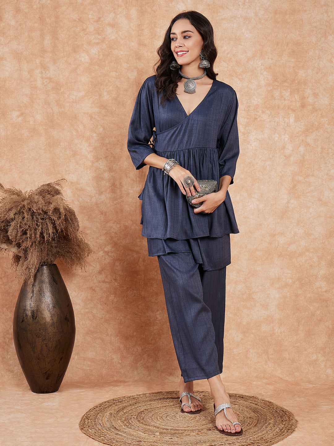 InWeave Women's Dark Teal Lurex High Low Angrakha Tie Up Kurta Set