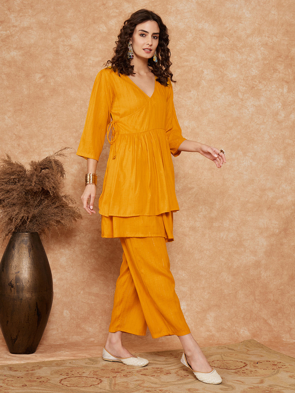 InWeave Women's Mustrad Lurex High Low Angrakha Tie Up Kurta Set