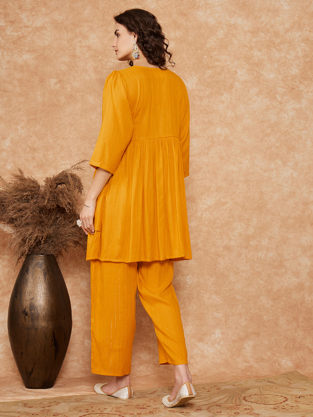 InWeave Women's Mustrad Lurex High Low Angrakha Tie Up Kurta Set