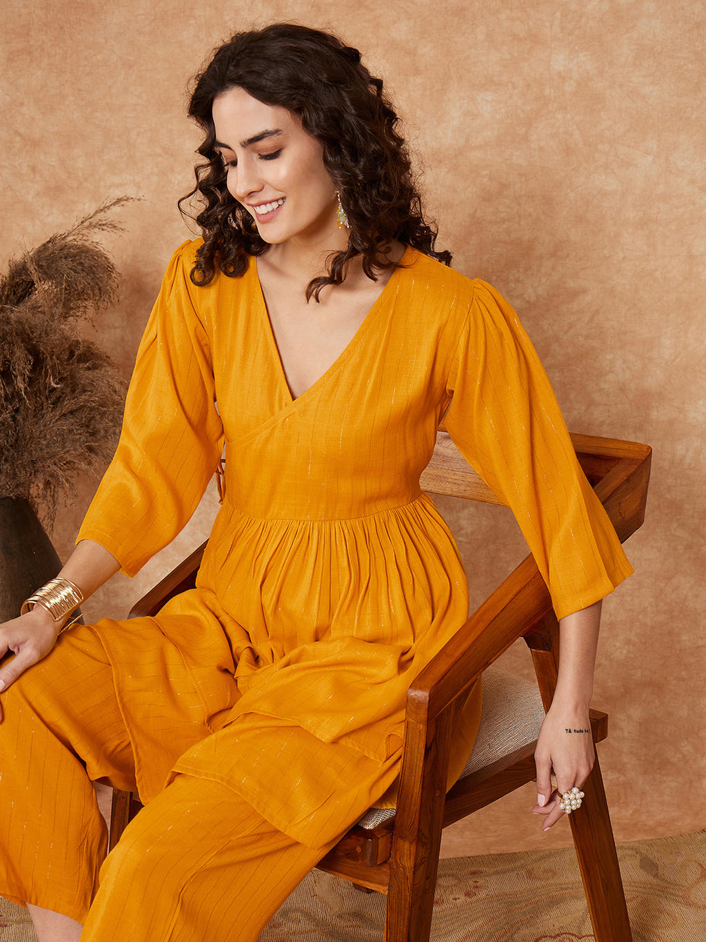 InWeave Women's Mustrad Lurex High Low Angrakha Tie Up Kurta Set
