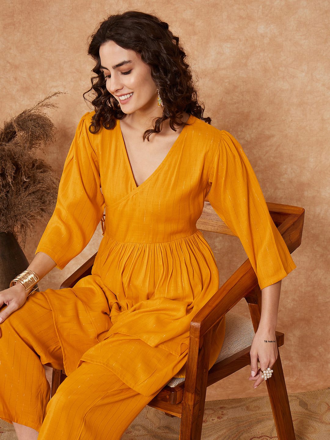 InWeave Women's Mustrad Lurex High Low Angrakha Tie Up Kurta Set