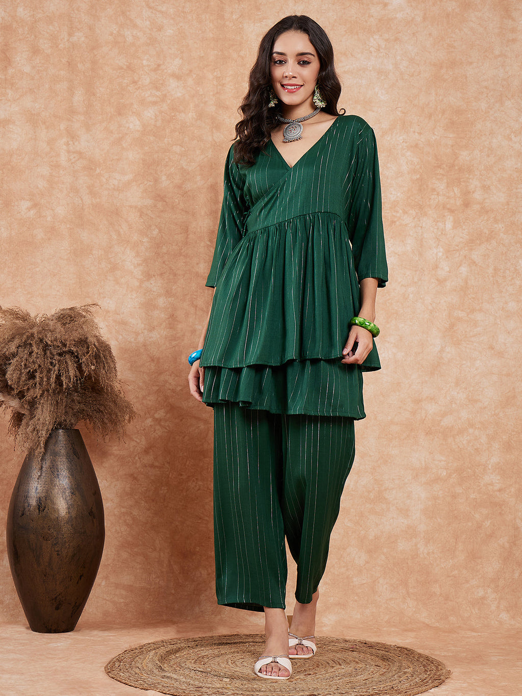 InWeave Women's Pine Green Lurex High Low Angrakha Tie Up Kurta Set