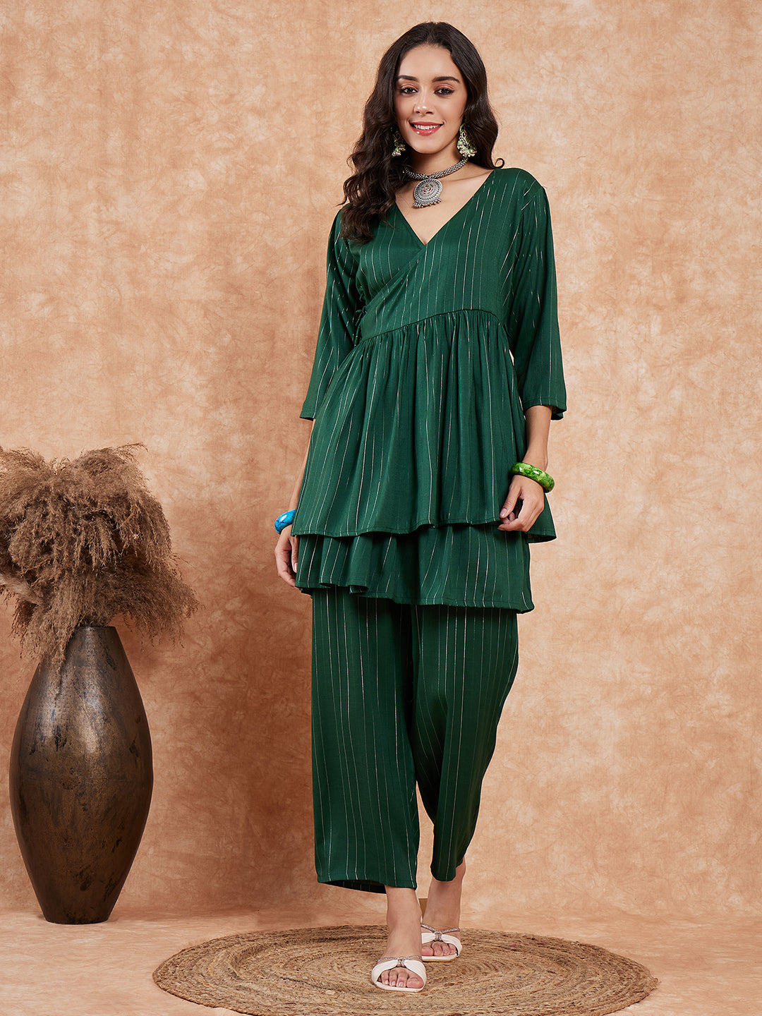InWeave Women's Pine Green Lurex High Low Angrakha Tie Up Kurta Set