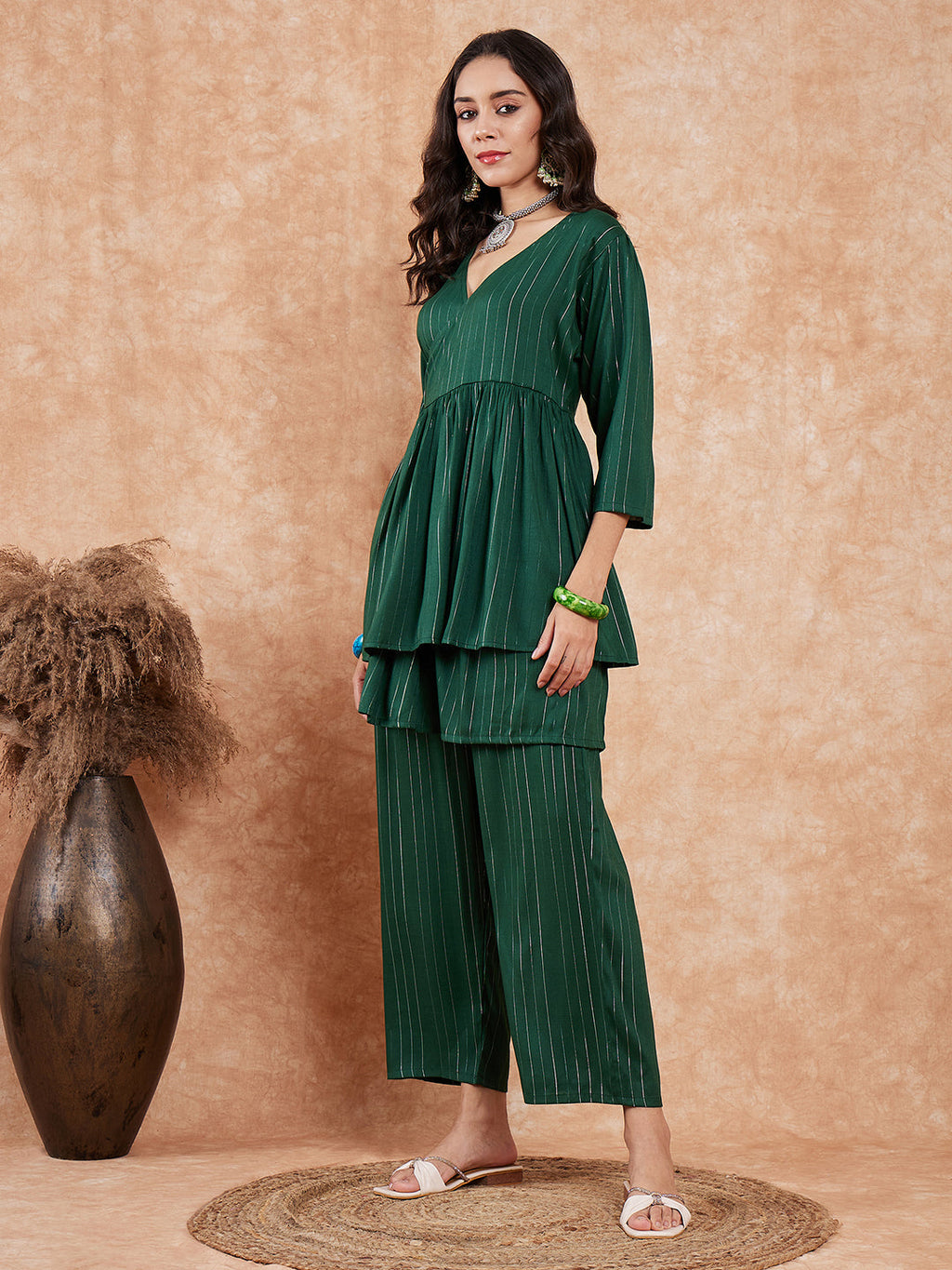 InWeave Women's Pine Green Lurex High Low Angrakha Tie Up Kurta Set