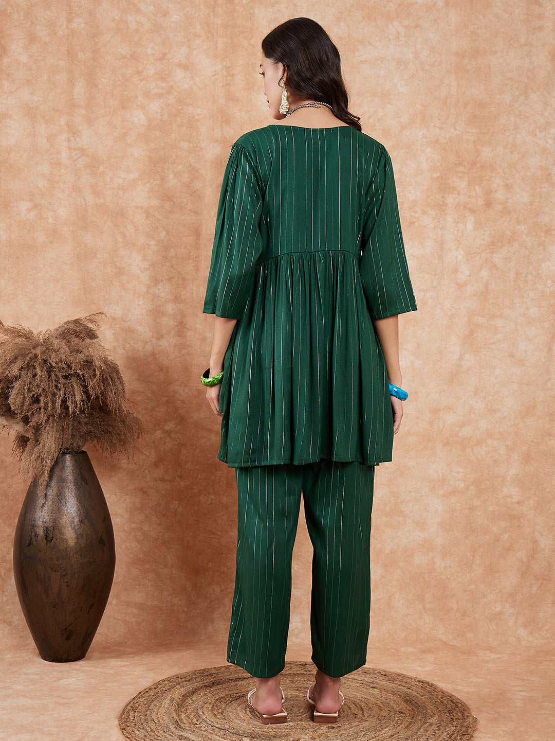 InWeave Women's Pine Green Lurex High Low Angrakha Tie Up Kurta Set